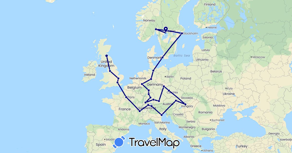 TravelMap itinerary: driving in Austria, Switzerland, Czech Republic, Germany, Denmark, France, United Kingdom, Hungary, Italy, Liechtenstein, Norway, Sweden (Europe)